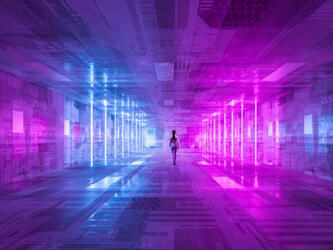 abstract image of a woman walking through a neon lit tunnel